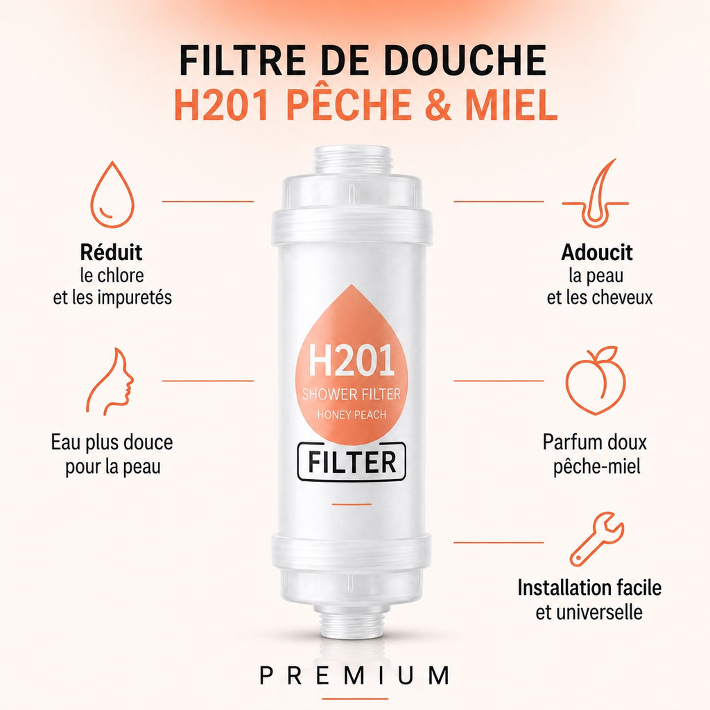 peche miel — Filtre de douche parfumé PARFEAU Pêche & Miel, Vitamine C, réduit le chlore