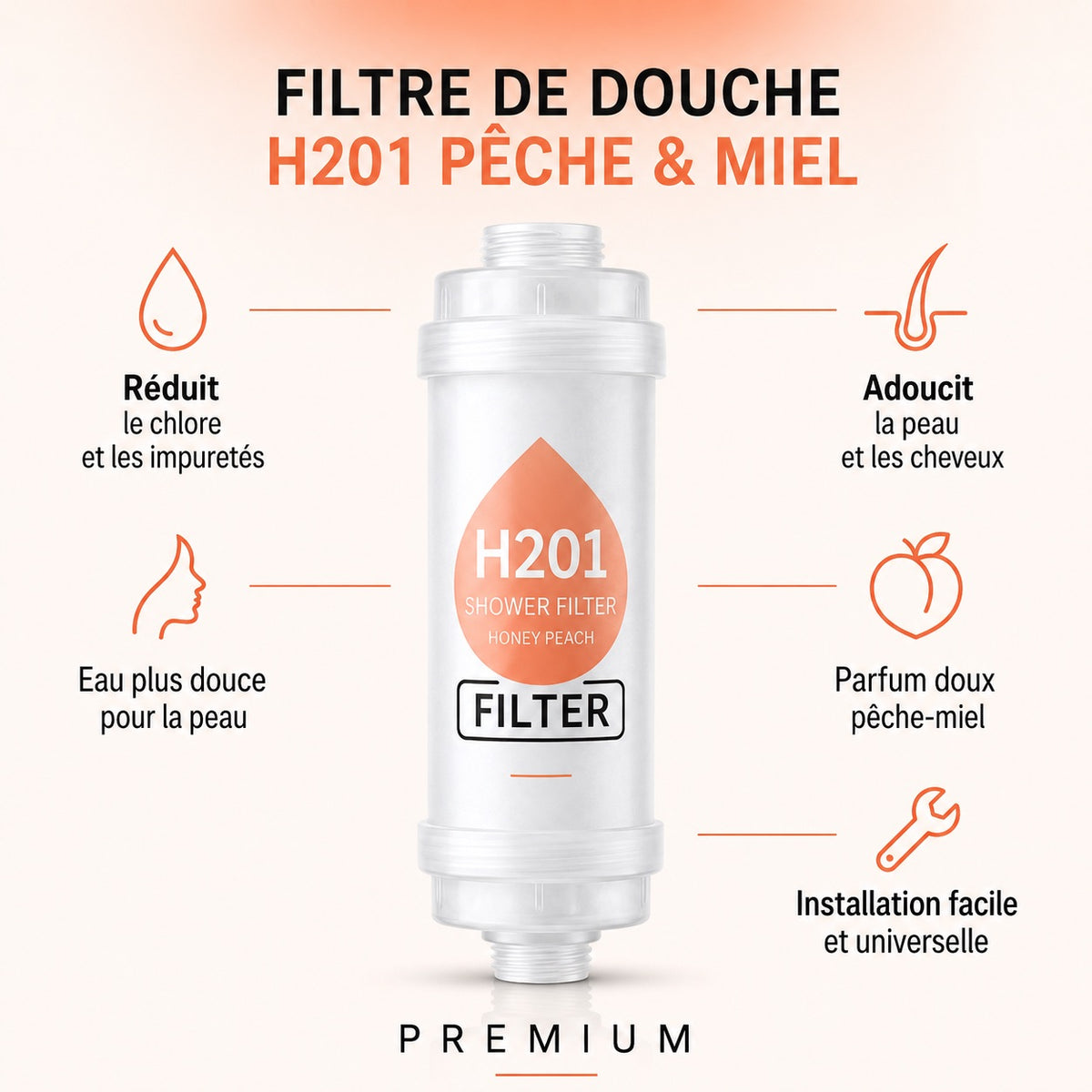 peche miel — Filtre de douche parfumé PARFEAU Pêche & Miel, Vitamine C, réduit le chlore